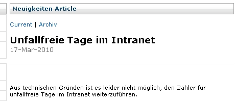Unfallfreie Tage im Intranet